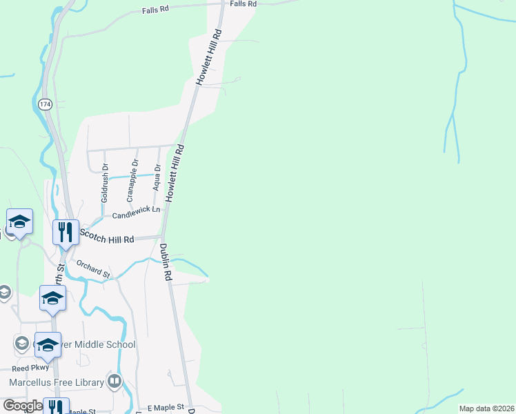 map of restaurants, bars, coffee shops, grocery stores, and more near 4650 Howlett Hill Road in Marcellus
