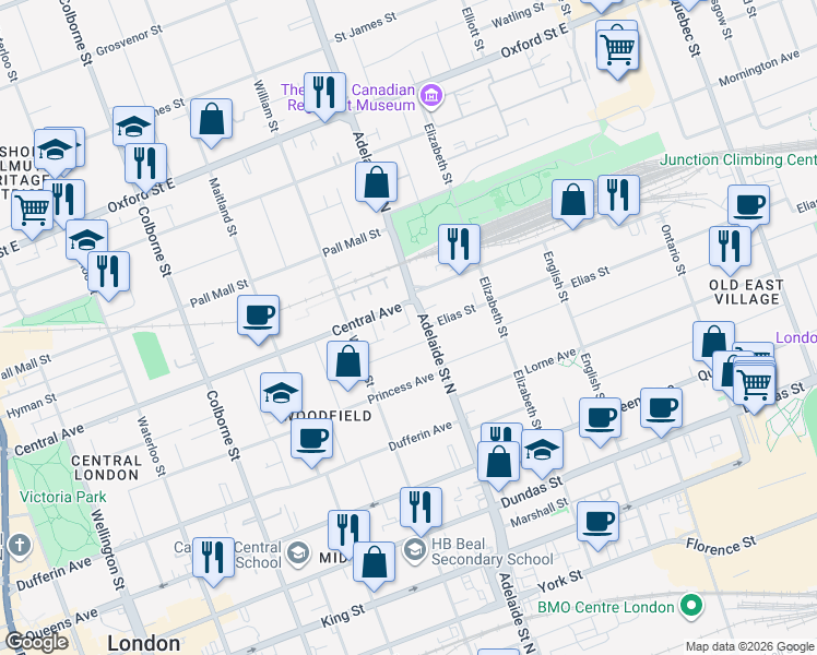 map of restaurants, bars, coffee shops, grocery stores, and more near 600 Central Avenue in London