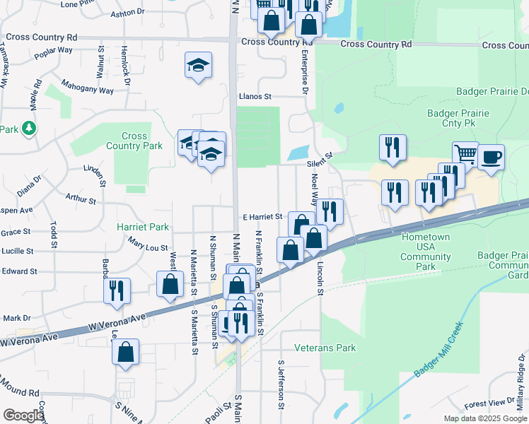 map of restaurants, bars, coffee shops, grocery stores, and more near 200 East Harriet Street in Verona