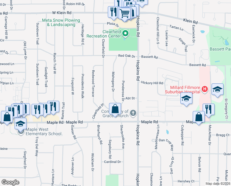 map of restaurants, bars, coffee shops, grocery stores, and more near 33 Mahogany Drive in Buffalo