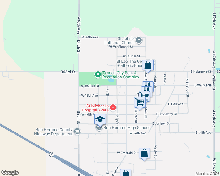 map of restaurants, bars, coffee shops, grocery stores, and more near 1809 Fir Street in Tyndall