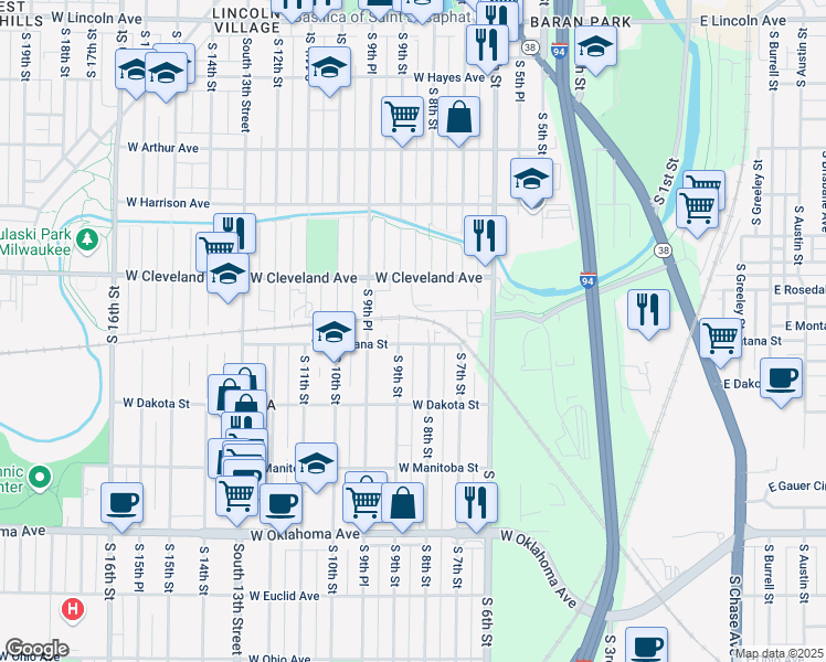 map of restaurants, bars, coffee shops, grocery stores, and more near 725R West Cleveland Avenue in Milwaukee