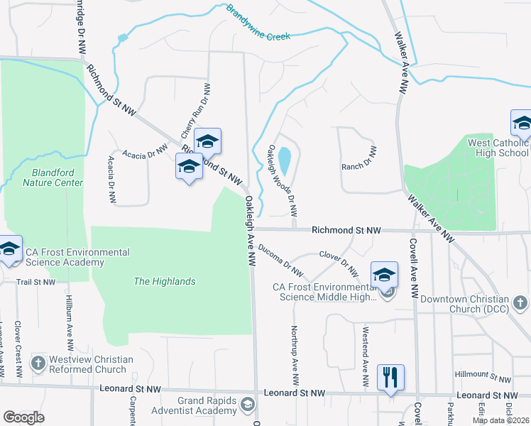 map of restaurants, bars, coffee shops, grocery stores, and more near 1701 Oakleigh Woods Drive Northwest in Grand Rapids