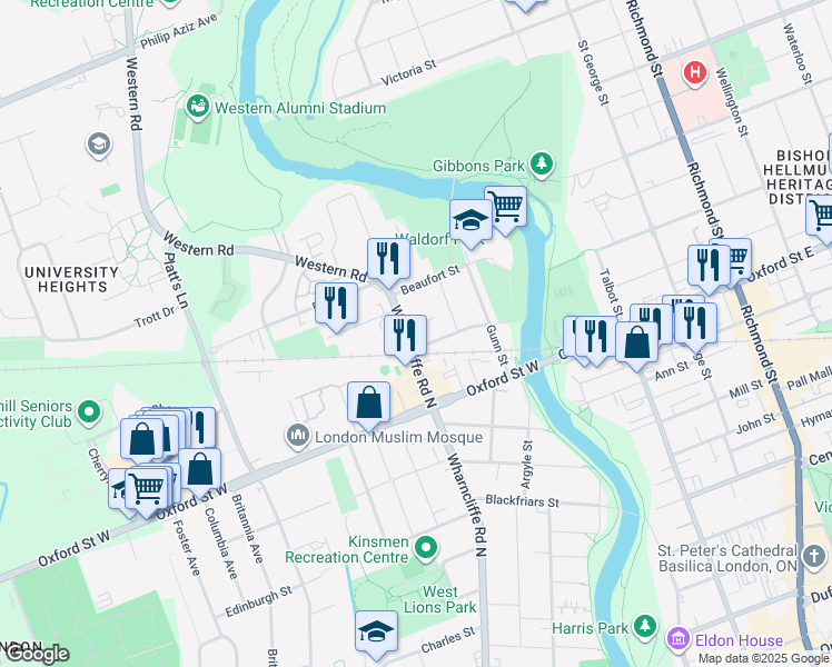 map of restaurants, bars, coffee shops, grocery stores, and more near 301 Wharncliffe Road North in London