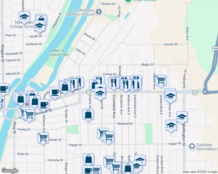 map of restaurants, bars, coffee shops, grocery stores, and more near 14 Myrtle Avenue in Welland