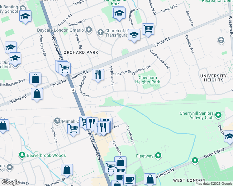 map of restaurants, bars, coffee shops, grocery stores, and more near 407 Castlegrove Boulevard in London