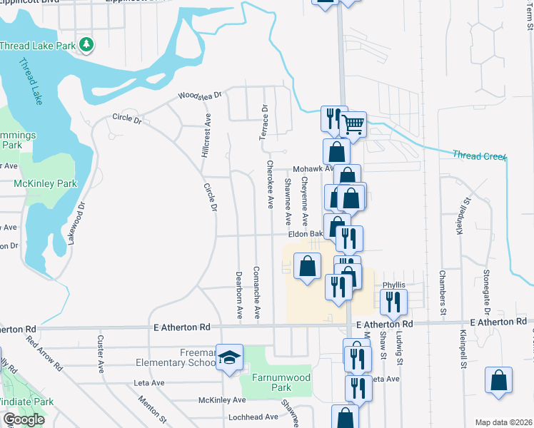 map of restaurants, bars, coffee shops, grocery stores, and more near 3101 Cherokee Avenue in Flint