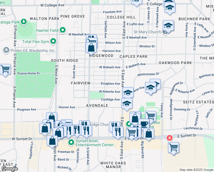 map of restaurants, bars, coffee shops, grocery stores, and more near 202 Douglass Avenue in Waukesha