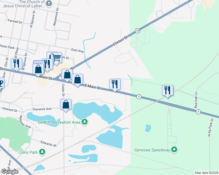 map of restaurants, bars, coffee shops, grocery stores, and more near 665 East Main Street in Batavia