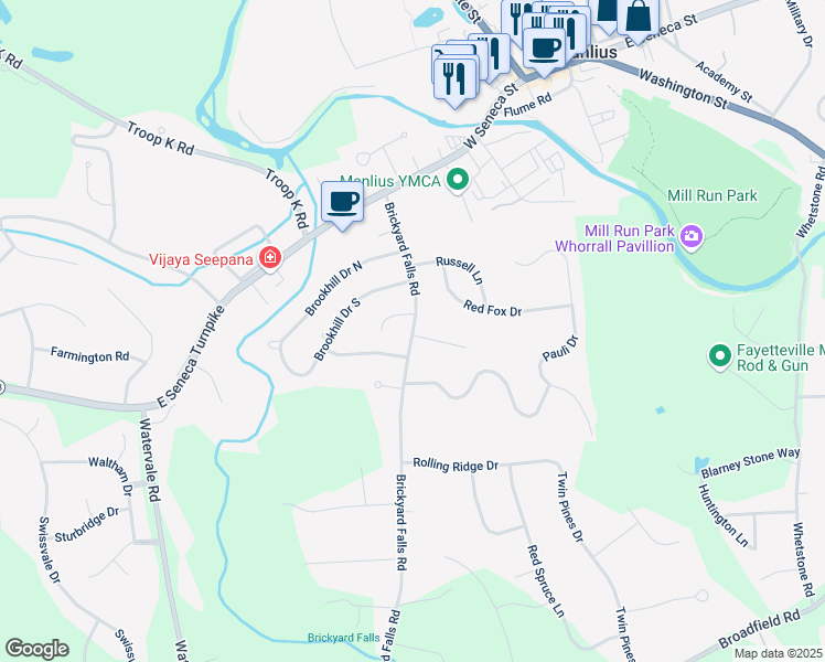 map of restaurants, bars, coffee shops, grocery stores, and more near 4601 Brickyard Falls Road in Manlius