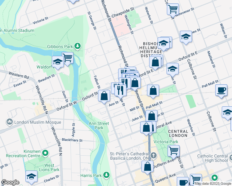 map of restaurants, bars, coffee shops, grocery stores, and more near 173 Oxford Street East in London