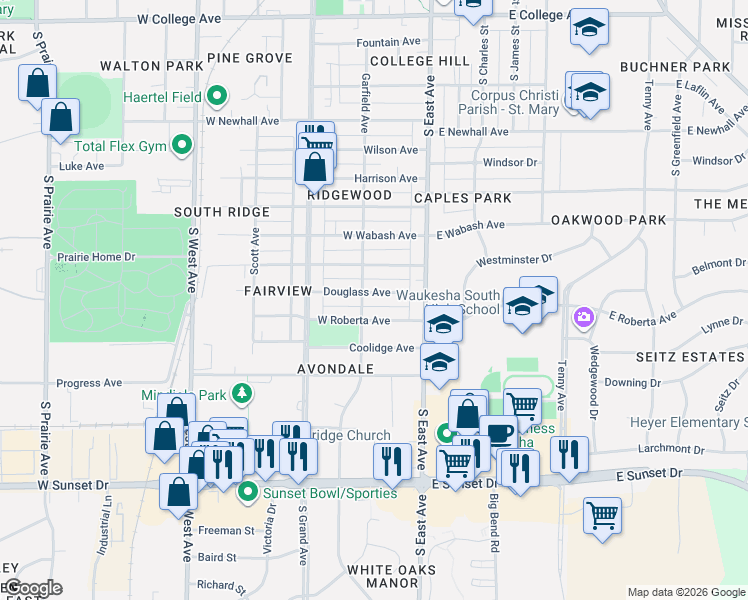 map of restaurants, bars, coffee shops, grocery stores, and more near 126 Douglass Avenue in Waukesha