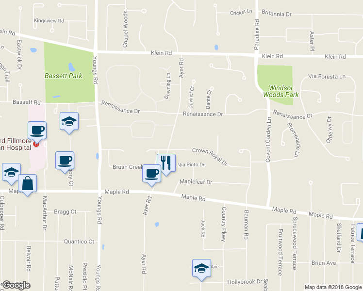 map of restaurants, bars, coffee shops, grocery stores, and more near 24 Crown Royal Drive in Buffalo