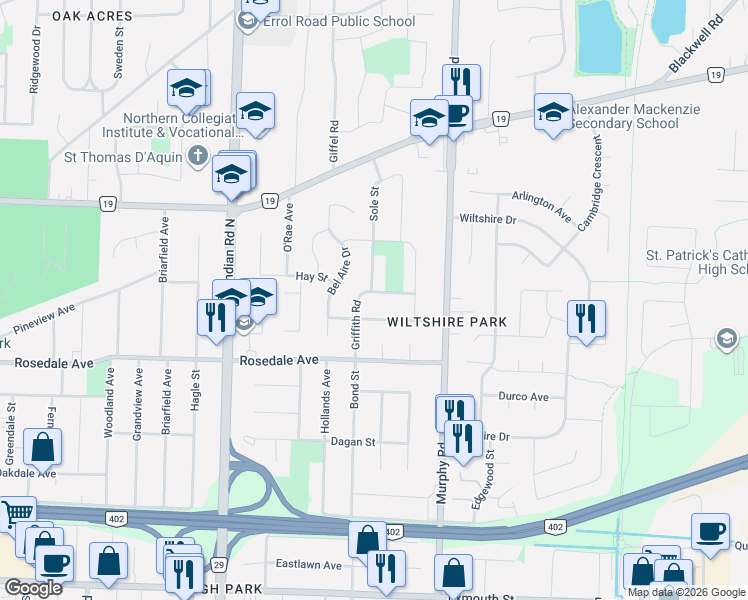 map of restaurants, bars, coffee shops, grocery stores, and more near 1053 Griffith Road in Sarnia
