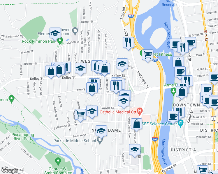 map of restaurants, bars, coffee shops, grocery stores, and more near 465 Rimmon Street in Manchester