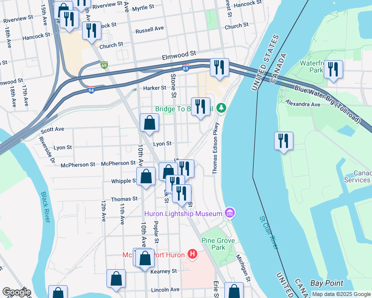 map of restaurants, bars, coffee shops, grocery stores, and more near 1906 Stone Street in Port Huron
