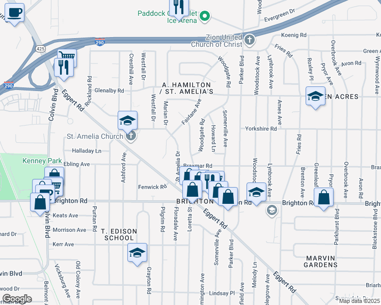 map of restaurants, bars, coffee shops, grocery stores, and more near 87 Jamaica Road in Tonawanda