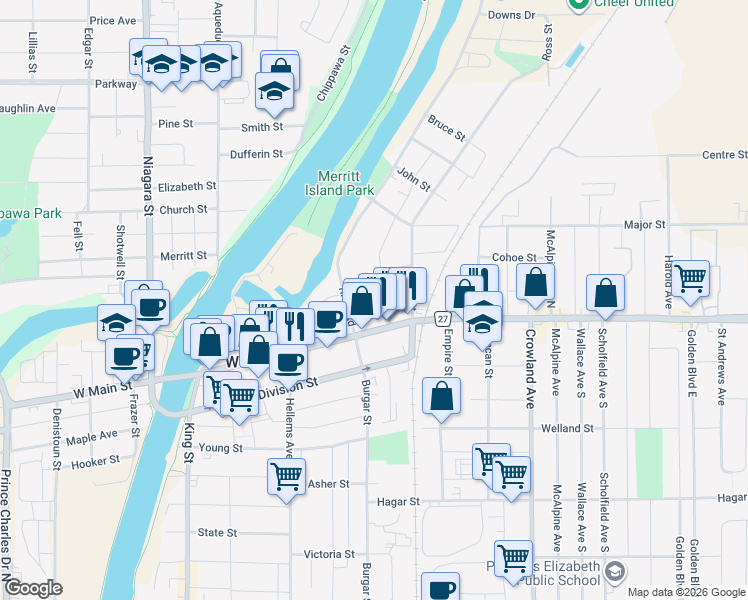 map of restaurants, bars, coffee shops, grocery stores, and more near 98 Dorothy Street in Welland