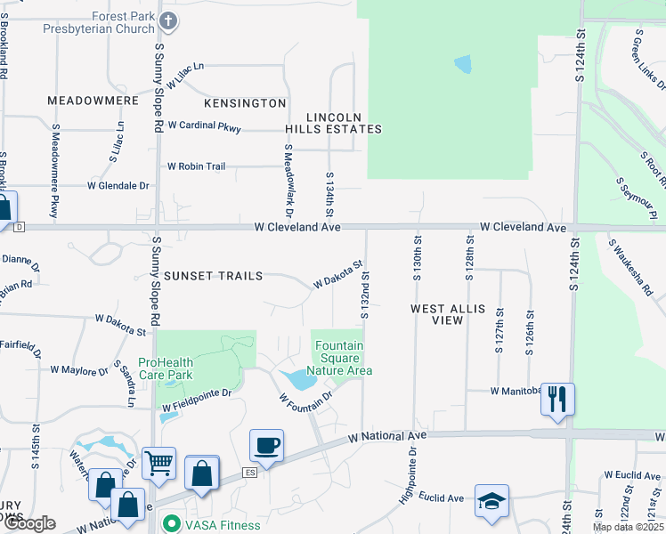 map of restaurants, bars, coffee shops, grocery stores, and more near 13320 West Dakota Street in New Berlin