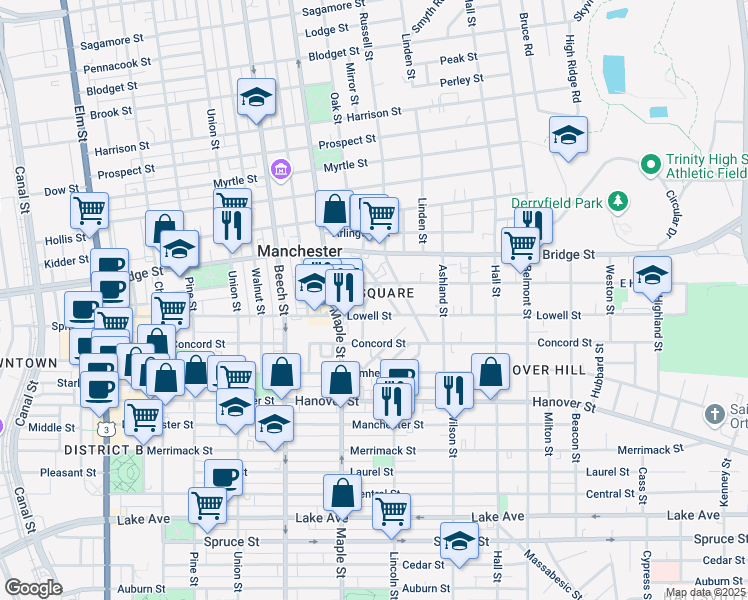 map of restaurants, bars, coffee shops, grocery stores, and more near 23 Jane Street in Manchester