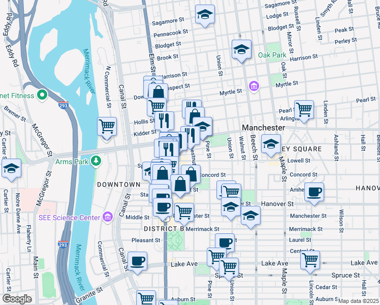 map of restaurants, bars, coffee shops, grocery stores, and more near 29 Kosciuszko Street in Manchester