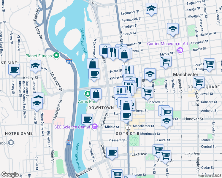 map of restaurants, bars, coffee shops, grocery stores, and more near 555 Canal Street in Manchester