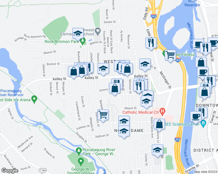 map of restaurants, bars, coffee shops, grocery stores, and more near 300 Kelley Street in Manchester