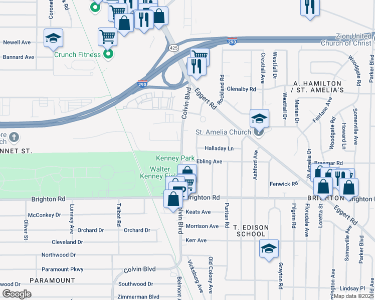 map of restaurants, bars, coffee shops, grocery stores, and more near 2081 Colvin Boulevard in Tonawanda