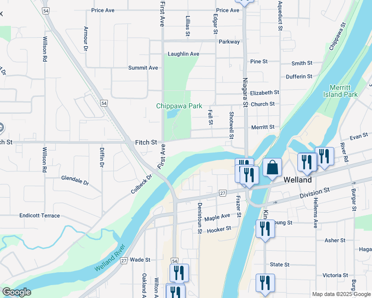 map of restaurants, bars, coffee shops, grocery stores, and more near 111 Fitch Street in Welland