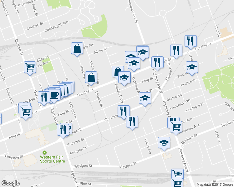 map of restaurants, bars, coffee shops, grocery stores, and more near 384 Ashland Avenue in London