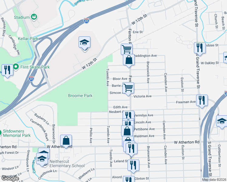 map of restaurants, bars, coffee shops, grocery stores, and more near 1121 Barrie Avenue in Flint