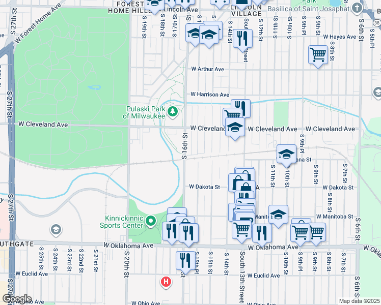 map of restaurants, bars, coffee shops, grocery stores, and more near 2755 South 15th Place in Milwaukee