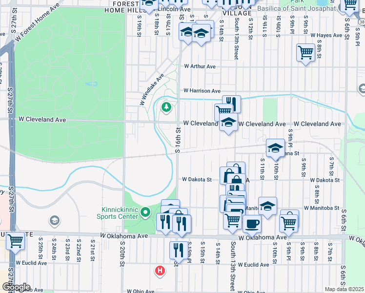 map of restaurants, bars, coffee shops, grocery stores, and more near 2755 South 15th Place in Milwaukee
