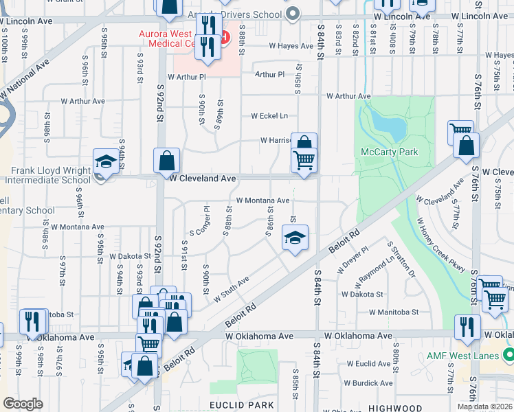 map of restaurants, bars, coffee shops, grocery stores, and more near 8630 West Montana Avenue in West Allis