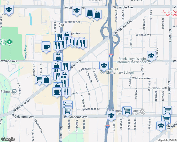 map of restaurants, bars, coffee shops, grocery stores, and more near 10230 West Montana Avenue in West Allis