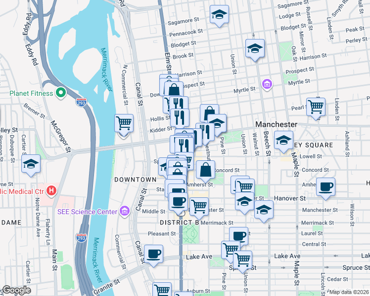 map of restaurants, bars, coffee shops, grocery stores, and more near 1155 Elm Street in Manchester