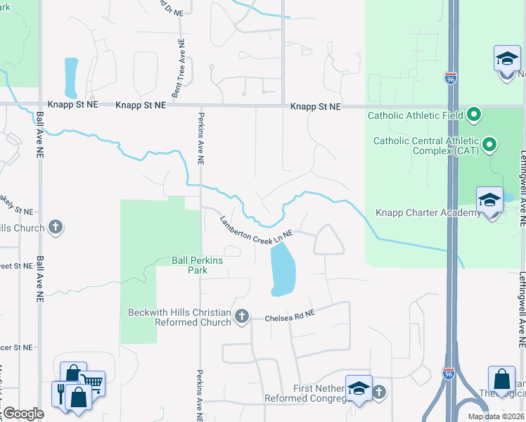 map of restaurants, bars, coffee shops, grocery stores, and more near 1743 Sanderling Court Northeast in Grand Rapids