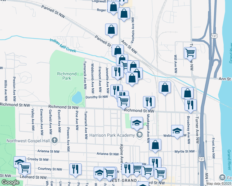 map of restaurants, bars, coffee shops, grocery stores, and more near 1661 Alpine Avenue Northwest in Grand Rapids