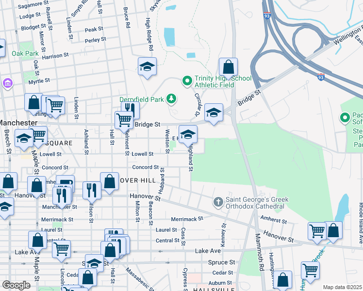 map of restaurants, bars, coffee shops, grocery stores, and more near 550 Lowell Street in Manchester
