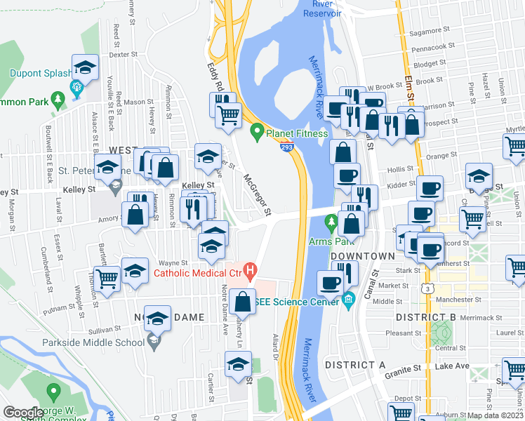 map of restaurants, bars, coffee shops, grocery stores, and more near 258 McGregor Street in Manchester