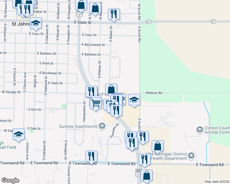 map of restaurants, bars, coffee shops, grocery stores, and more near 901 East Sturgis Street in Saint Johns