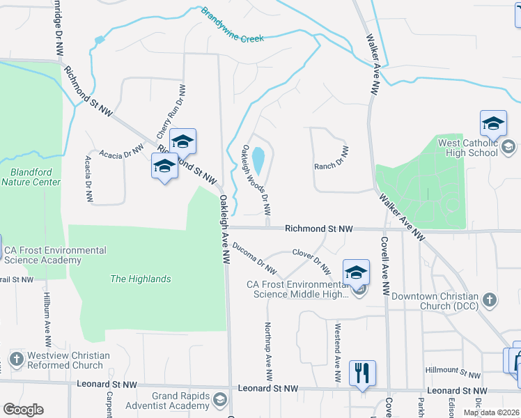map of restaurants, bars, coffee shops, grocery stores, and more near 1686 Oakleigh Woods Drive Northwest in Grand Rapids