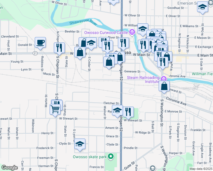 map of restaurants, bars, coffee shops, grocery stores, and more near 450 South Shiawassee Street in Owosso
