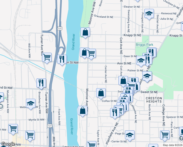 map of restaurants, bars, coffee shops, grocery stores, and more near 1711 Cusick Place Northwest in Grand Rapids