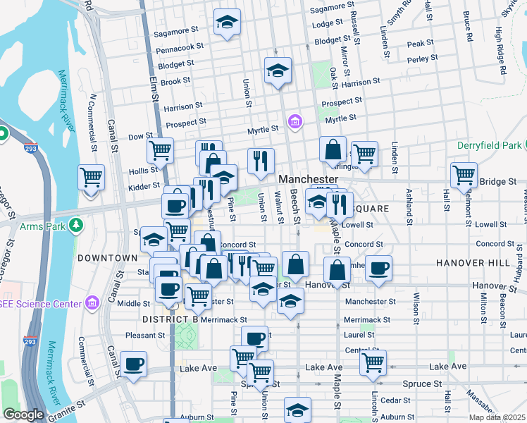 map of restaurants, bars, coffee shops, grocery stores, and more near 70 Walnut Street in Manchester