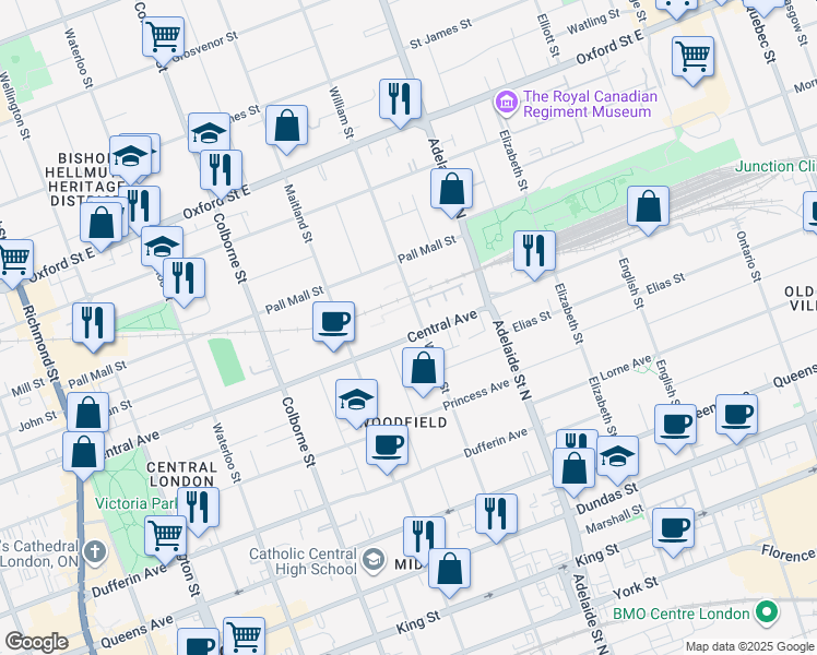 map of restaurants, bars, coffee shops, grocery stores, and more near 524 Central Avenue in London