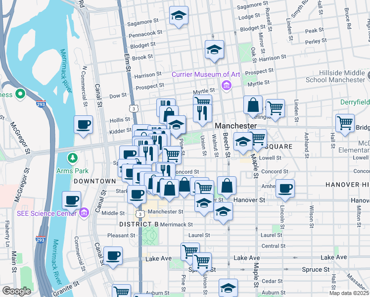 map of restaurants, bars, coffee shops, grocery stores, and more near 47 High Street in Manchester