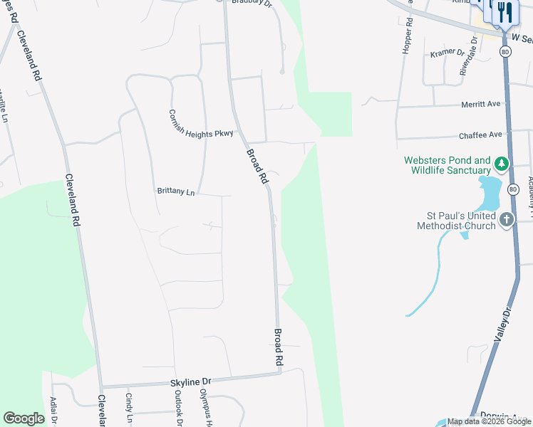 map of restaurants, bars, coffee shops, grocery stores, and more near 4590 Broad Road in Syracuse