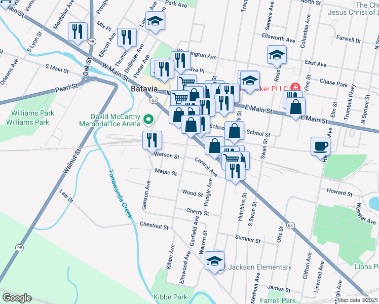 map of restaurants, bars, coffee shops, grocery stores, and more near 198 Ellicott Street in Batavia