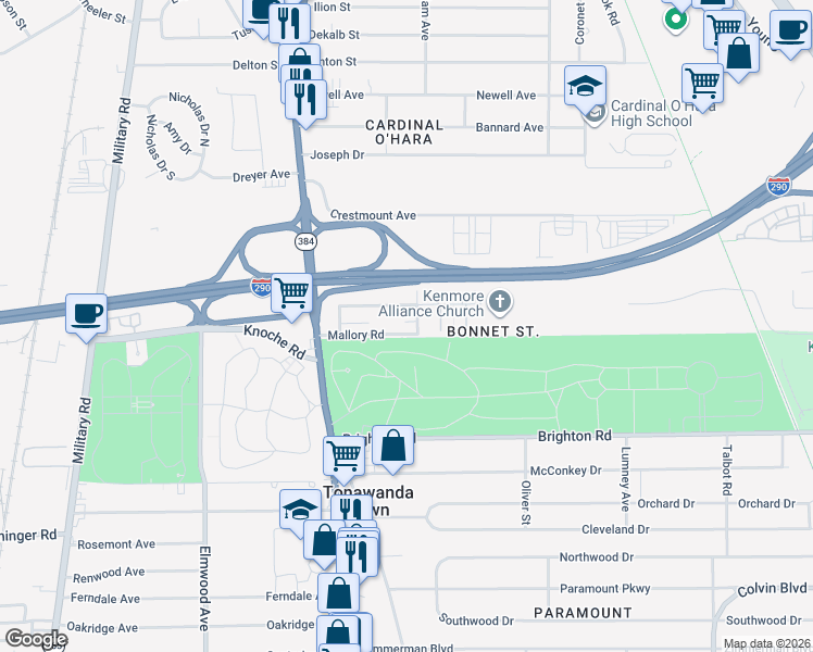 map of restaurants, bars, coffee shops, grocery stores, and more near 113 Bonnett Avenue in Tonawanda